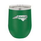 Laser etched green 12 oz vacuum insulated wine cup with 'North Carolina Home' design