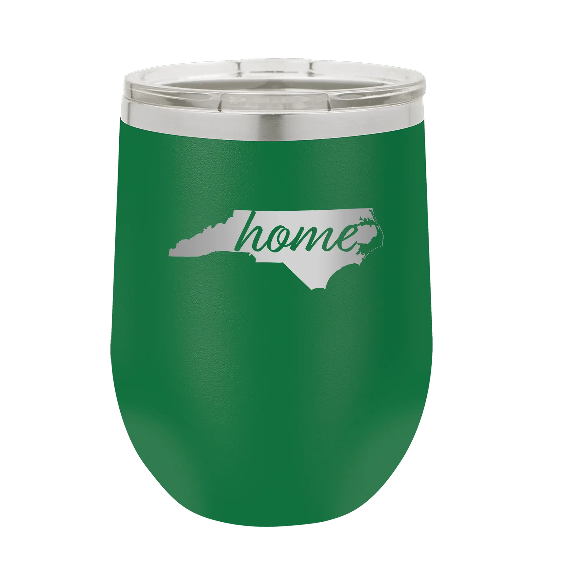 Laser etched green 12 oz vacuum insulated wine cup with 'North Carolina Home' design