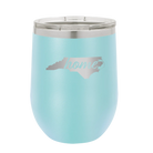 Laser etched light blue 12 oz vacuum insulated wine cup with 'North Carolina Home' design