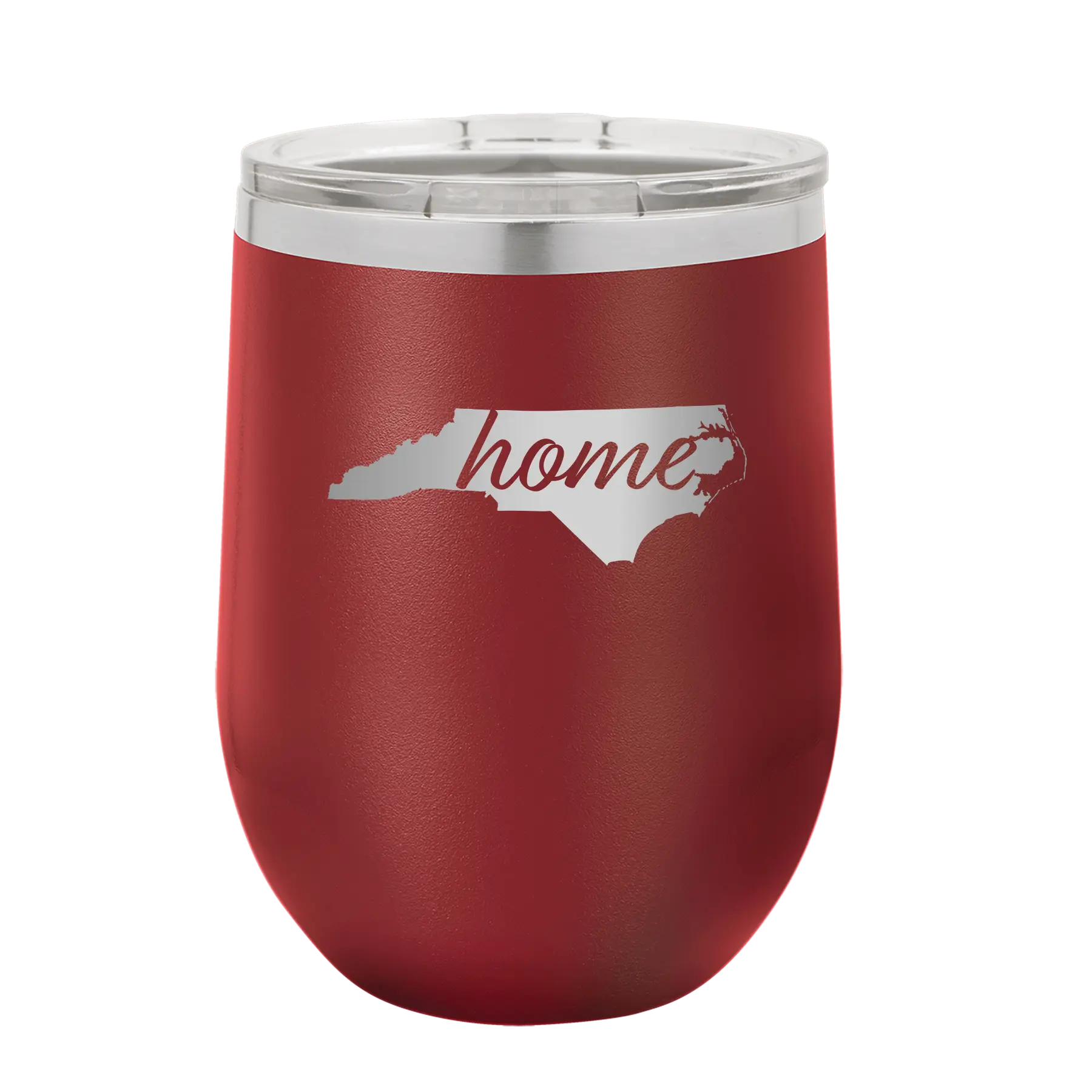 Laser etched maroon 12 oz vacuum insulated wine cup with 'North Carolina Home' design