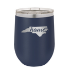 Laser etched navy 12 oz vacuum insulated wine cup with 'North Carolina Home' design