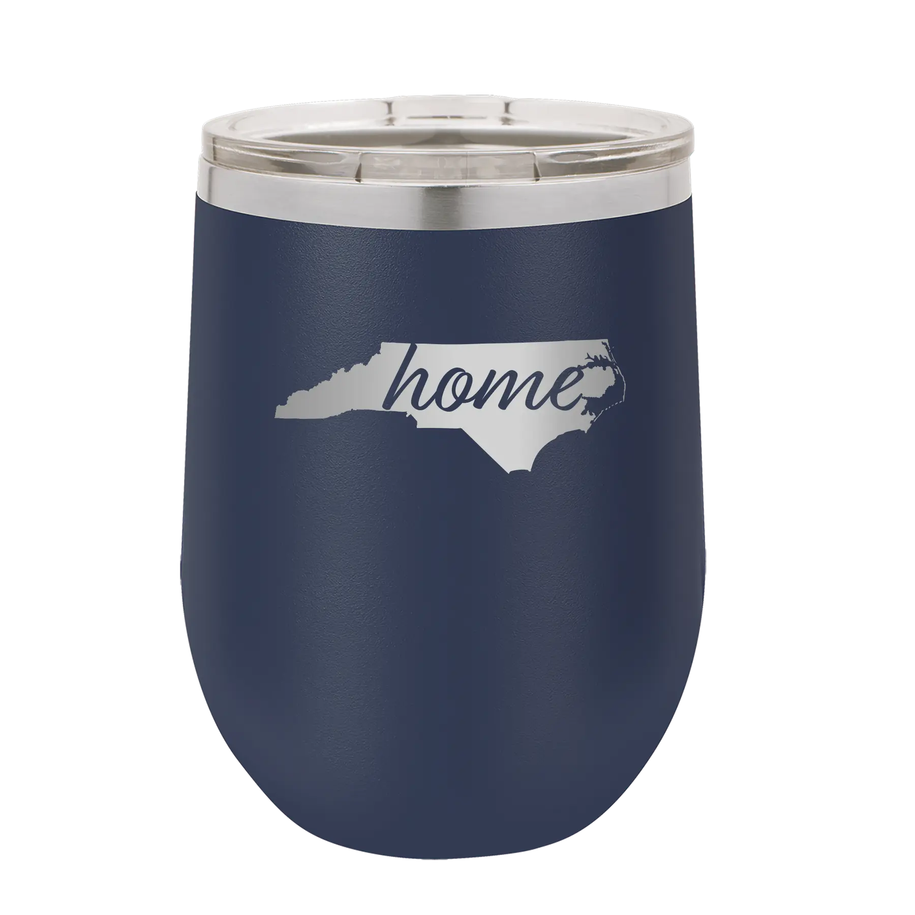Laser etched navy 12 oz vacuum insulated wine cup with 'North Carolina Home' design