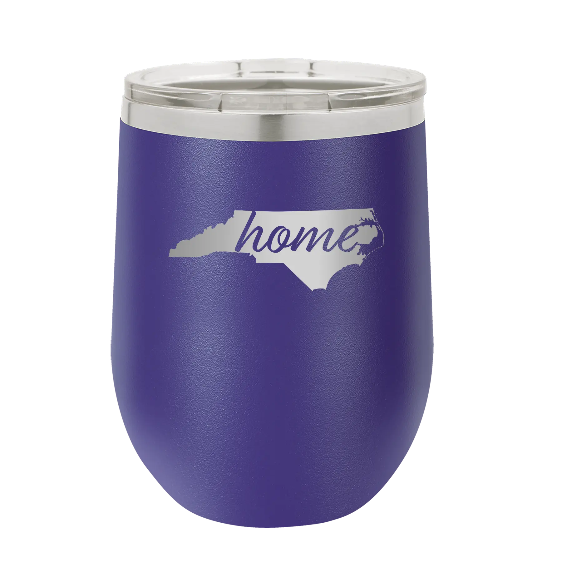Laser etched purple 12 oz vacuum insulated wine cup with 'North Carolina Home' design
