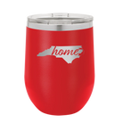 Laser etched red 12 oz vacuum insulated wine cup with 'North Carolina Home' design