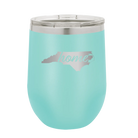 Laser etched teal 12 oz vacuum insulated wine cup with 'North Carolina Home' design