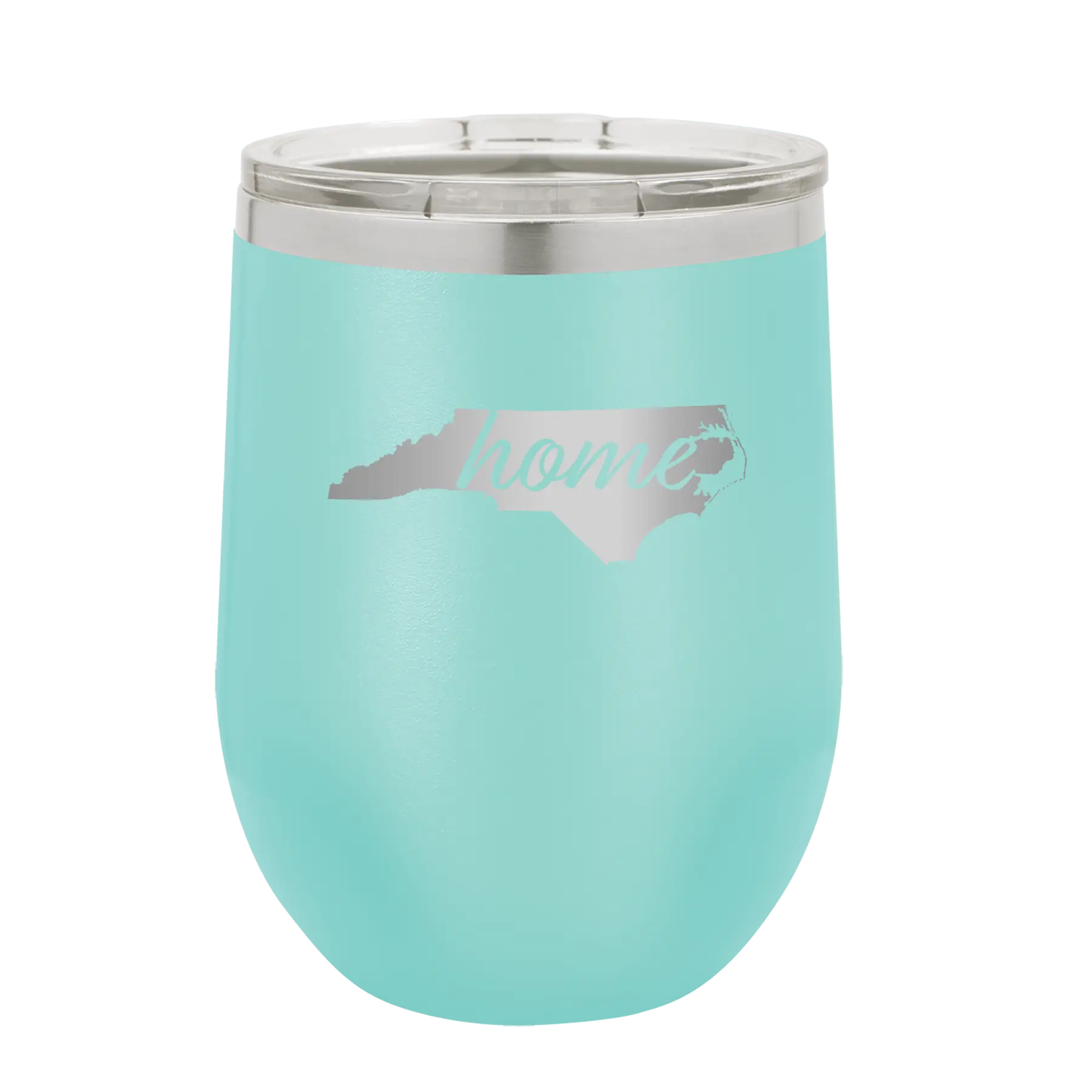 Laser etched teal 12 oz vacuum insulated wine cup with 'North Carolina Home' design