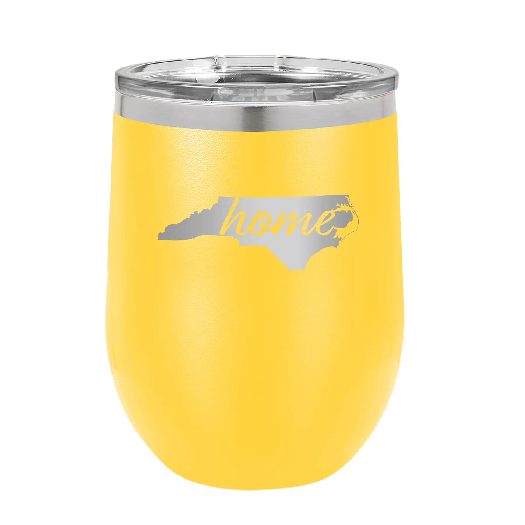 Laser etched yellow 12 oz vacuum insulated wine cup with 'North Carolina Home' design