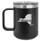 Laser etched black 15 oz vacuum insulated coffee mug with 'New York Home' design