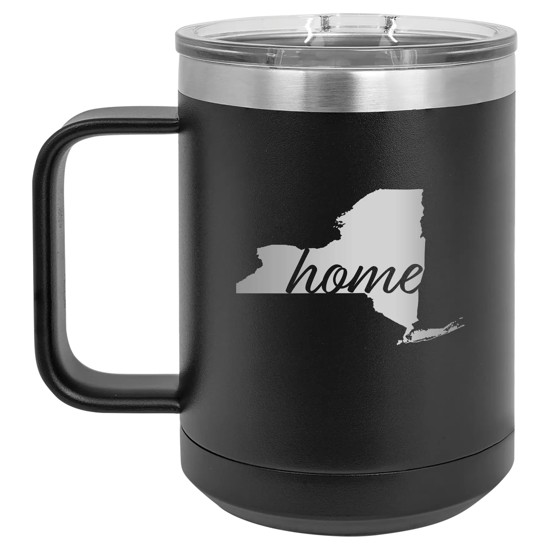Laser etched black 15 oz vacuum insulated coffee mug with 'New York Home' design