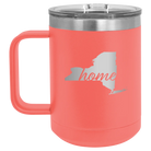 Laser etched coral 15 oz vacuum insulated coffee mug with 'New York Home' design