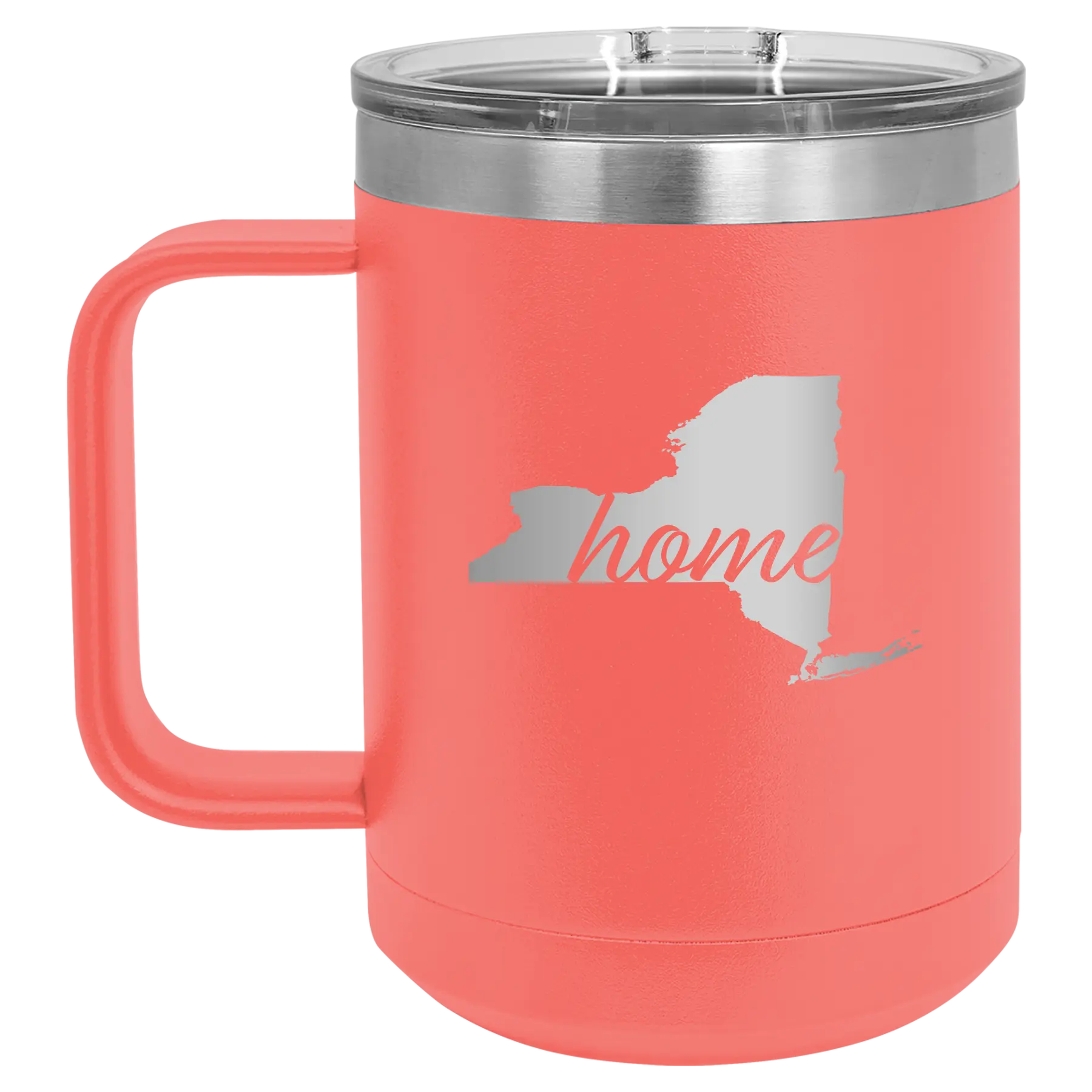 Laser etched coral 15 oz vacuum insulated coffee mug with 'New York Home' design