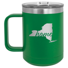 Laser etched green 15 oz vacuum insulated coffee mug with 'New York Home' design