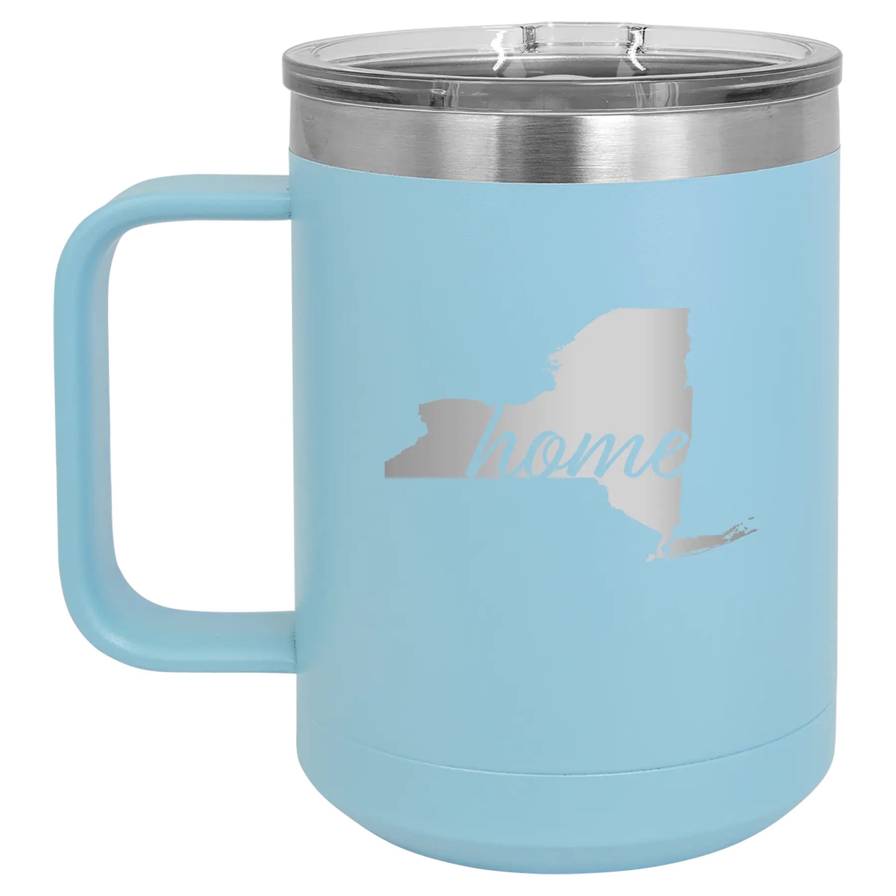 Laser etched light blue 15 oz vacuum insulated coffee mug with 'New York Home' design