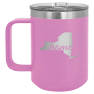 Laser etched light purple 15 oz vacuum insulated coffee mug with 'New York Home' design