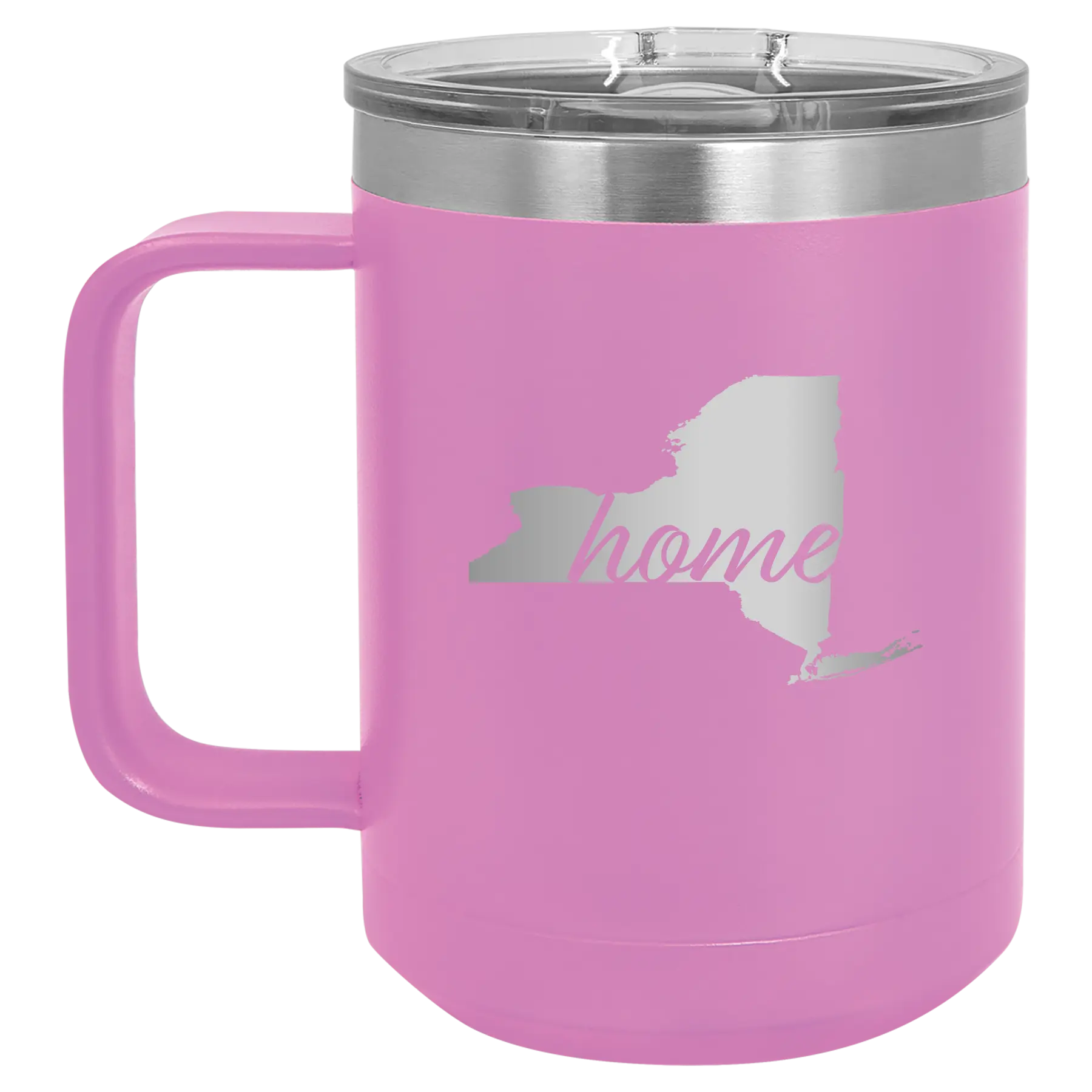 Laser etched light purple 15 oz vacuum insulated coffee mug with 'New York Home' design
