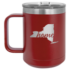 Laser etched maroon 15 oz vacuum insulated coffee mug with 'New York Home' design