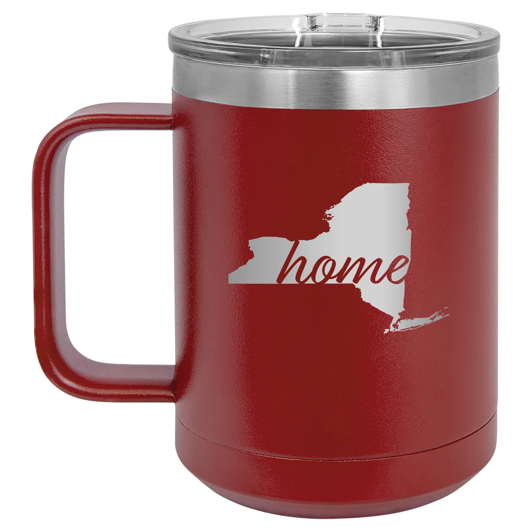 Laser etched maroon 15 oz vacuum insulated coffee mug with 'New York Home' design