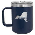 Laser etched navy 15 oz vacuum insulated coffee mug with 'New York Home' design