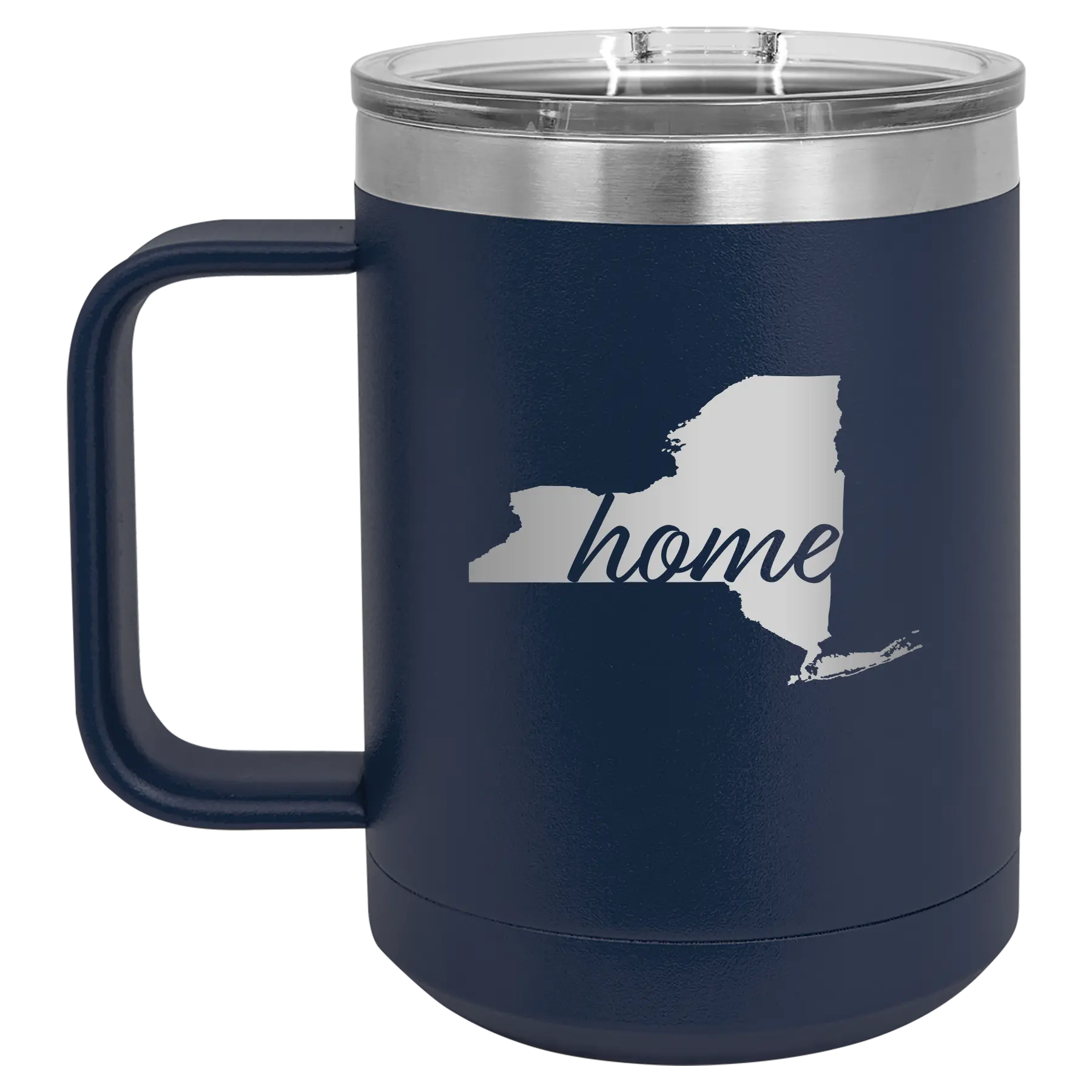 Laser etched navy 15 oz vacuum insulated coffee mug with 'New York Home' design