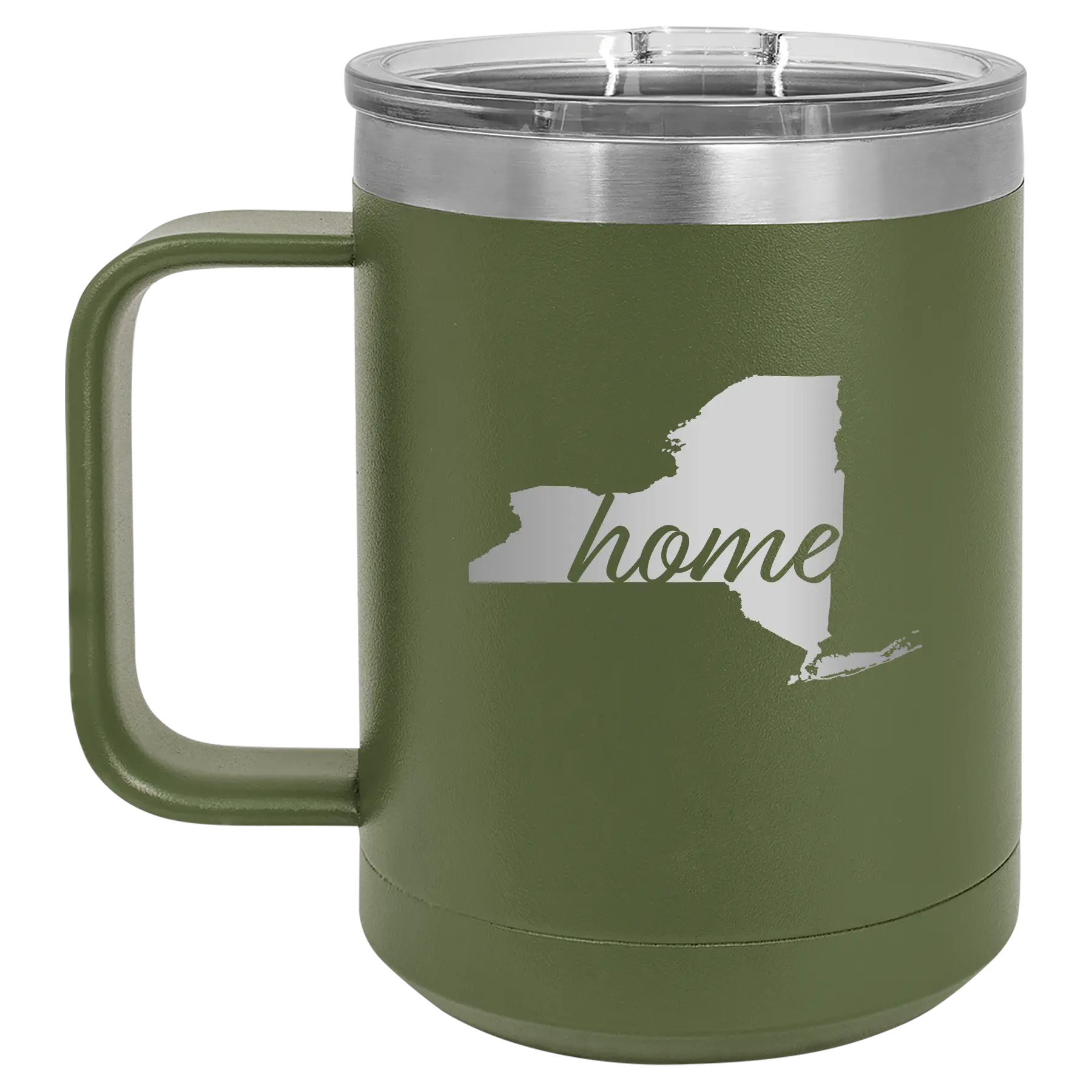 Laser etched olive green 15 oz vacuum insulated coffee mug with 'New York Home' design