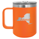 Laser etched orange 15 oz vacuum insulated coffee mug with 'New York Home' design