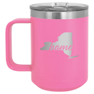 Laser etched pink 15 oz vacuum insulated coffee mug with 'New York Home' design