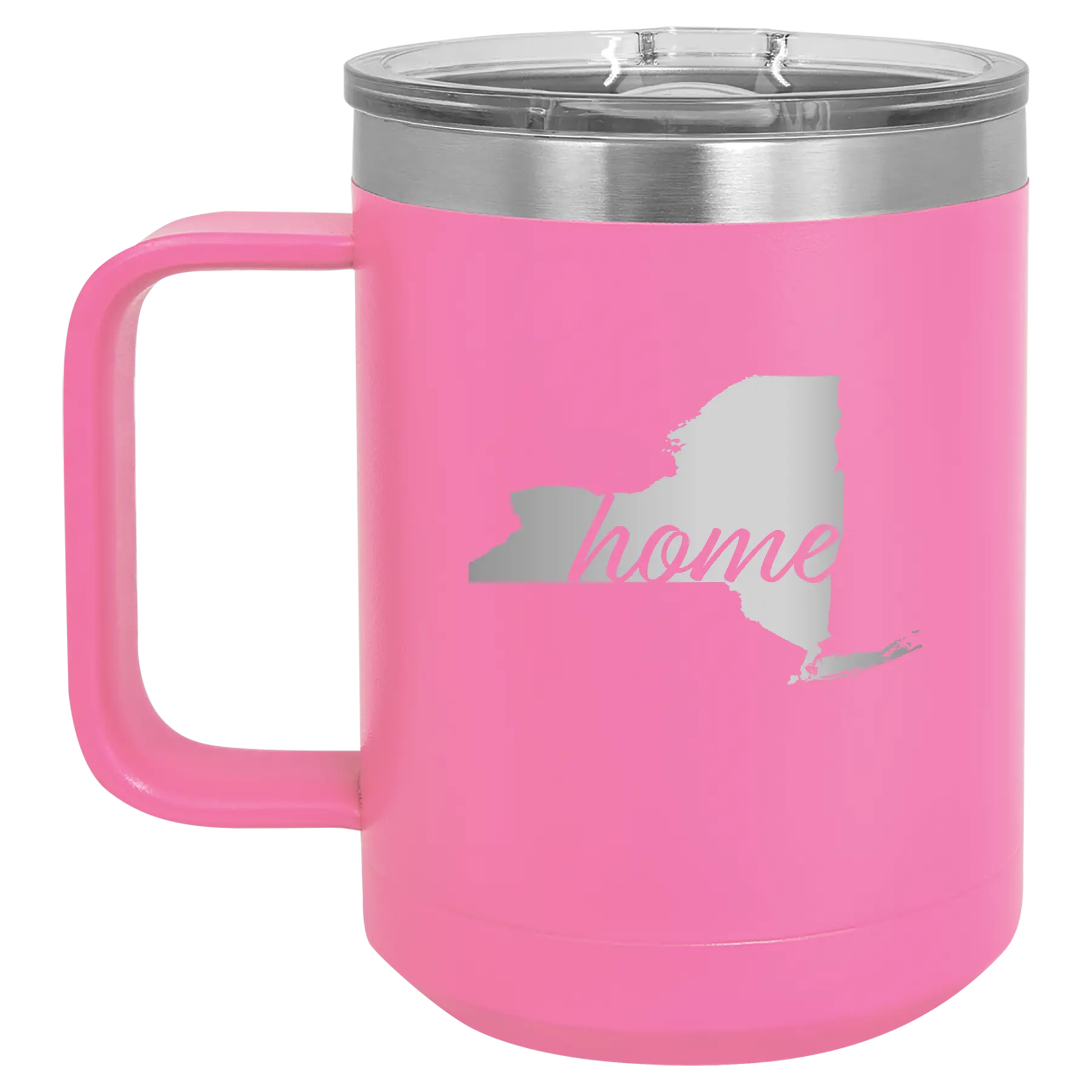 Laser etched pink 15 oz vacuum insulated coffee mug with 'New York Home' design