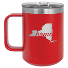 Laser etched red 15 oz vacuum insulated coffee mug with 'New York Home' design