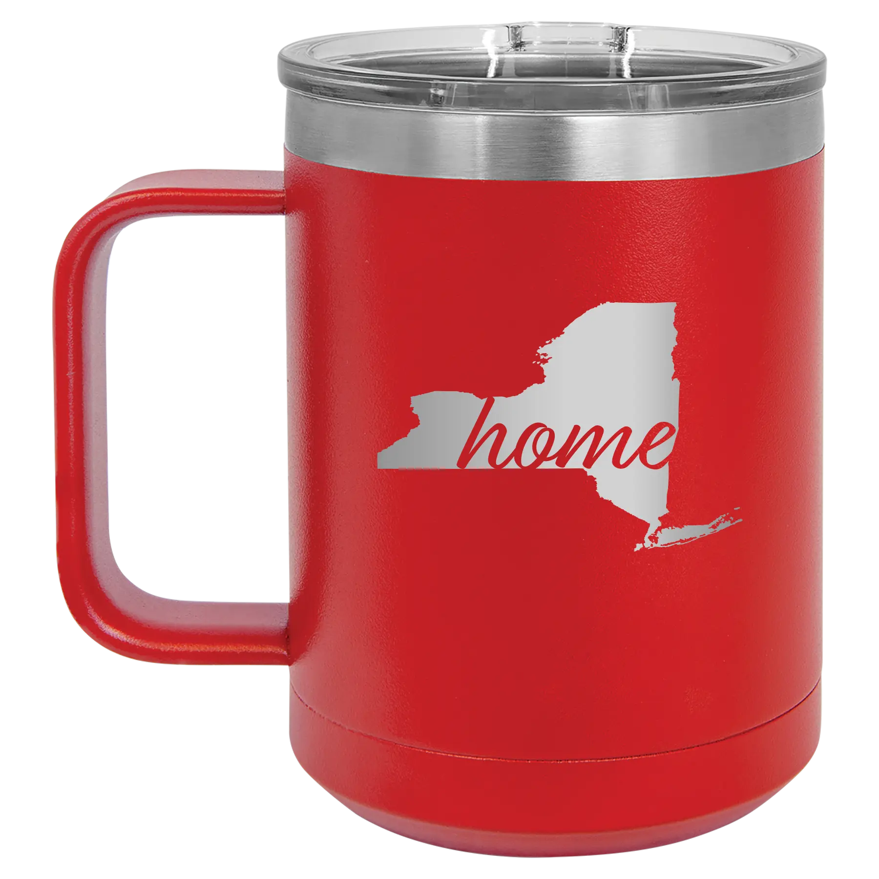 Laser etched red 15 oz vacuum insulated coffee mug with 'New York Home' design