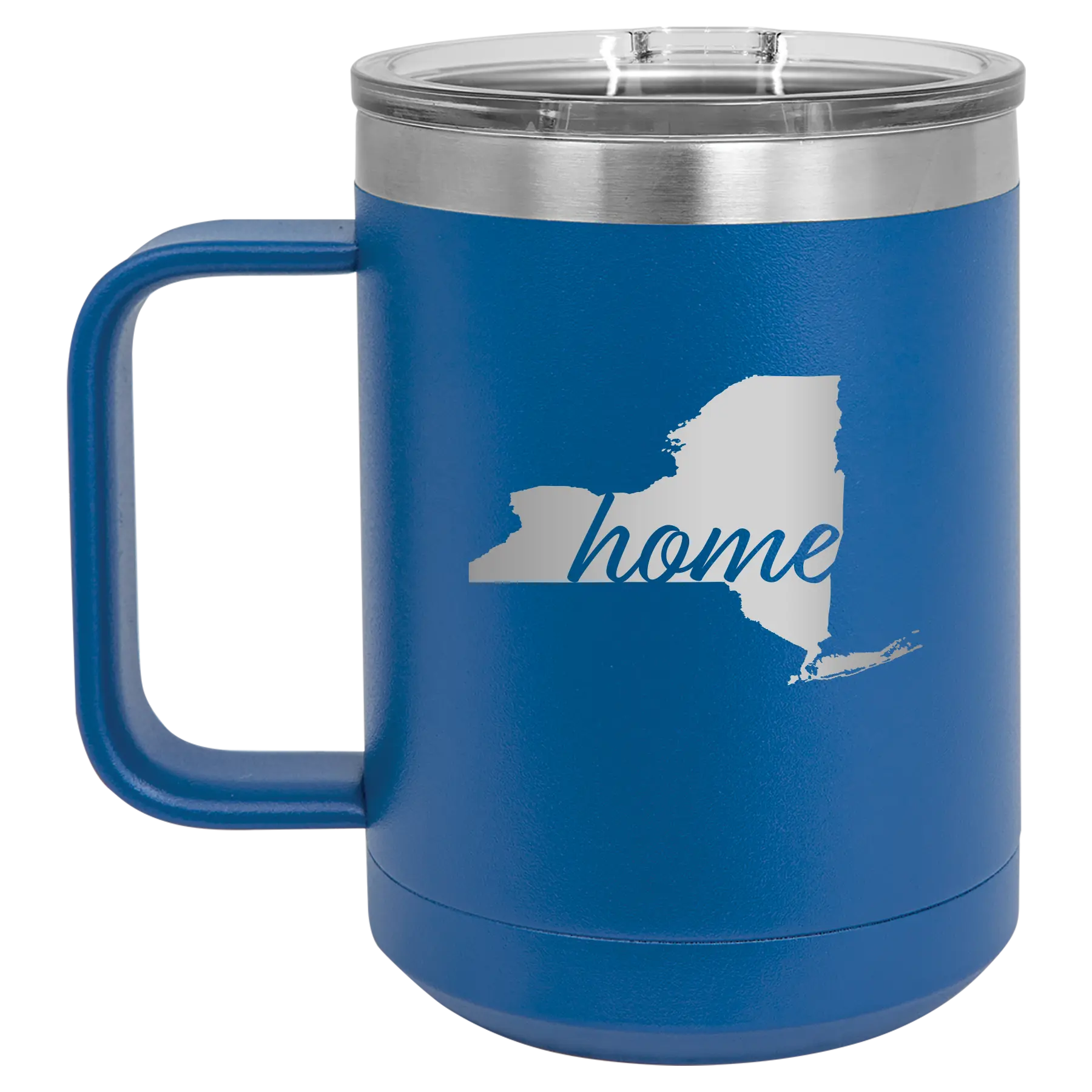 Laser etched royal blue 15 oz vacuum insulated coffee mug with 'New York Home' design