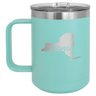 Laser etched teal 15 oz vacuum insulated coffee mug with 'New York Home' design