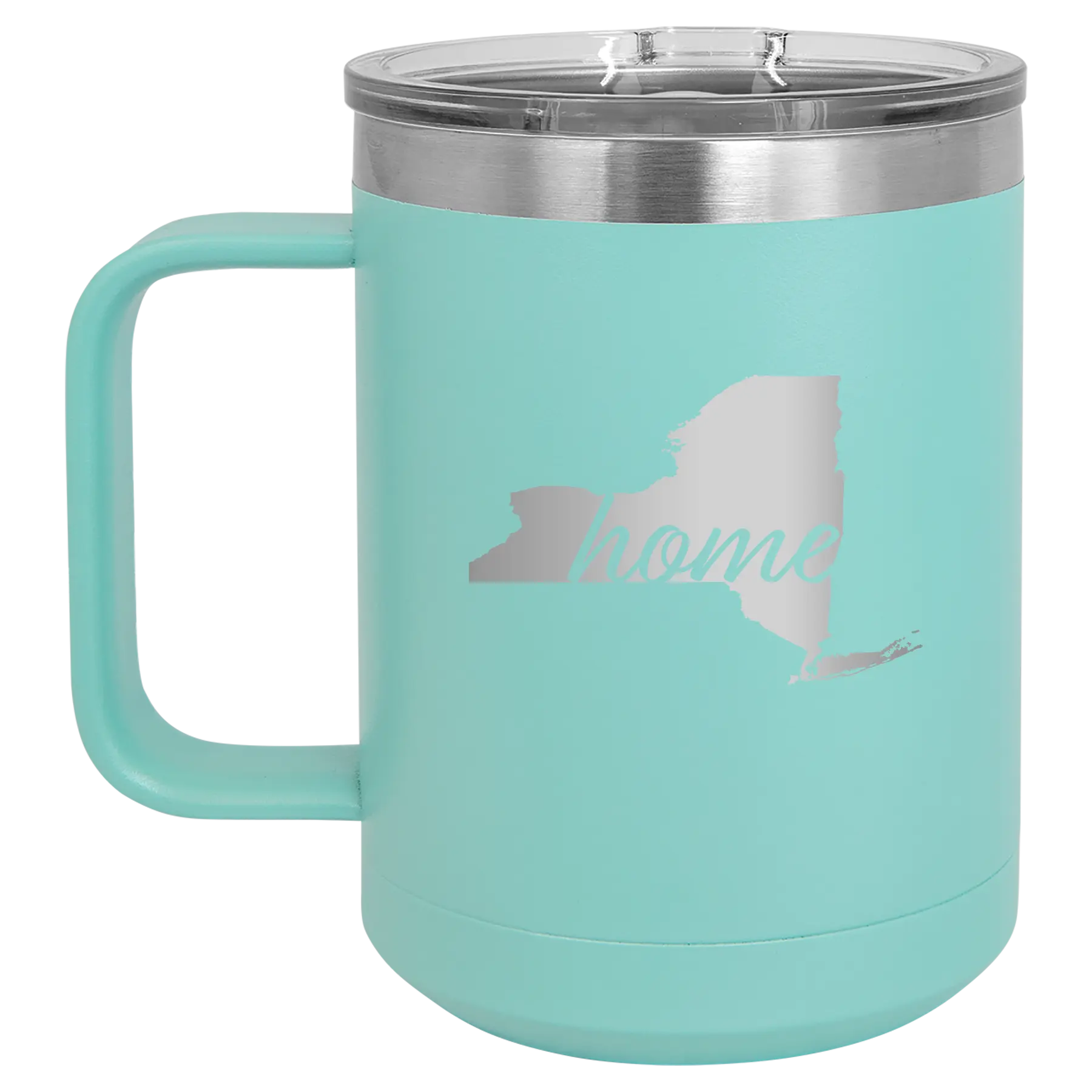 Laser etched teal 15 oz vacuum insulated coffee mug with 'New York Home' design