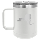 Laser etched white 15 oz vacuum insulated coffee mug with 'New York Home' design