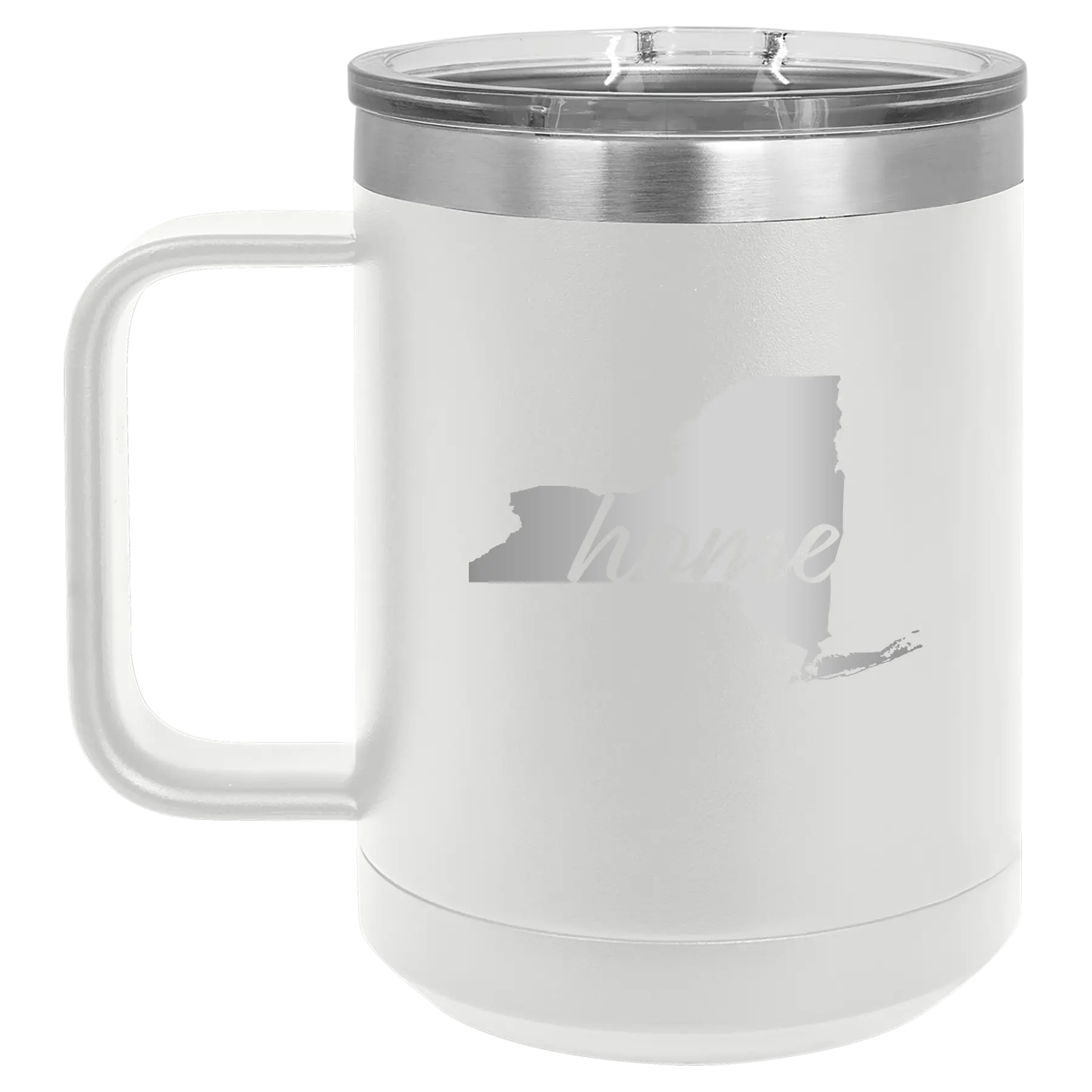 Laser etched white 15 oz vacuum insulated coffee mug with 'New York Home' design