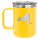 Laser etched yellow 15 oz vacuum insulated coffee mug with 'New York Home' design