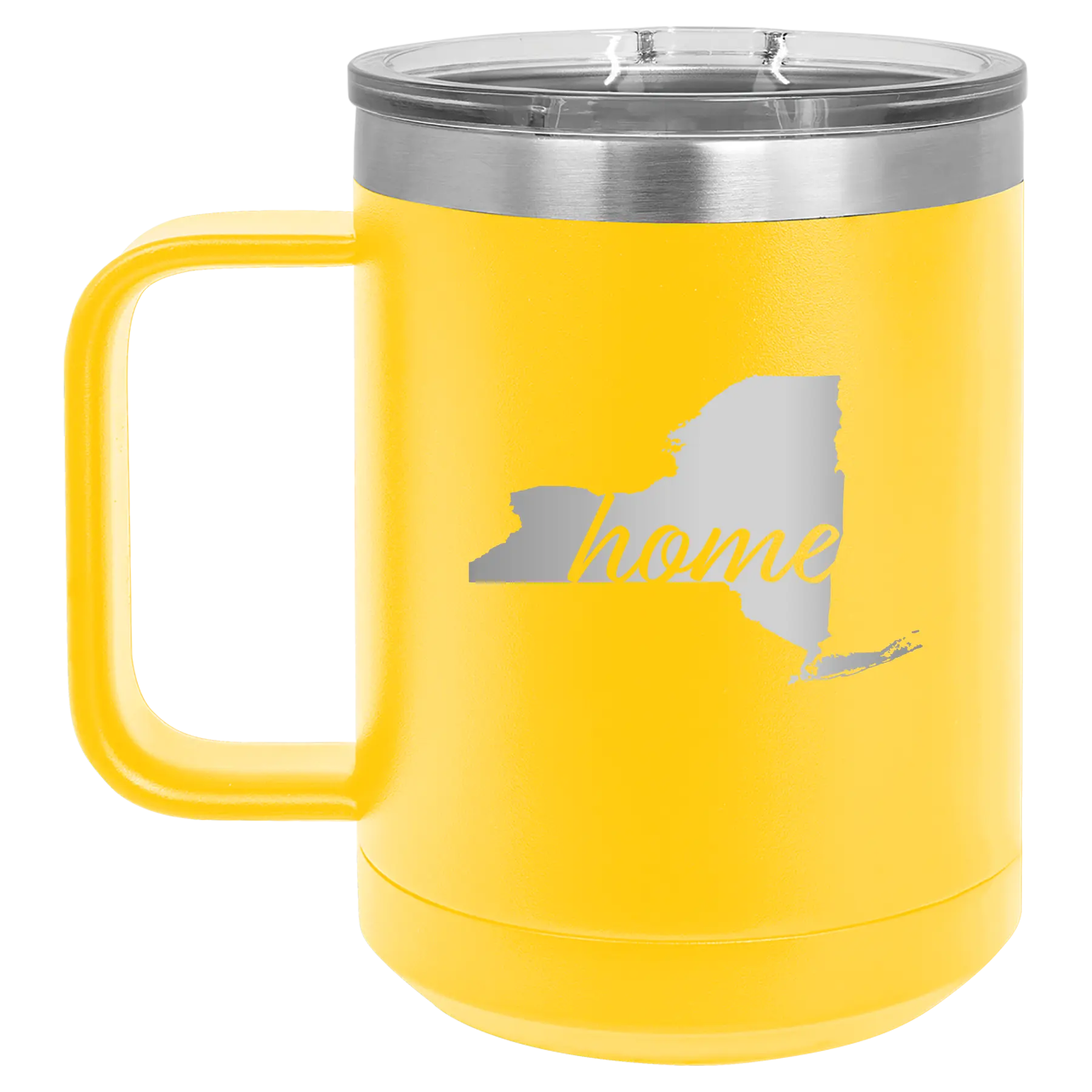Laser etched yellow 15 oz vacuum insulated coffee mug with 'New York Home' design