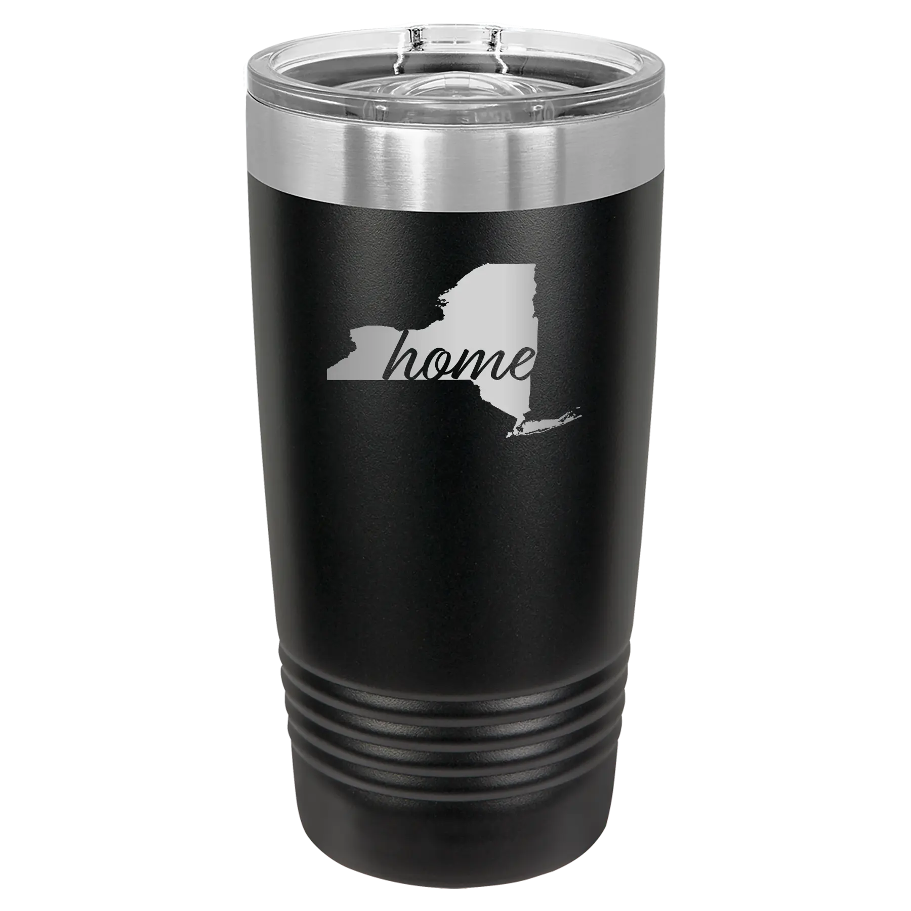 Laser etched black 20 oz vacuum insulated tumbler with 'New York Home' design