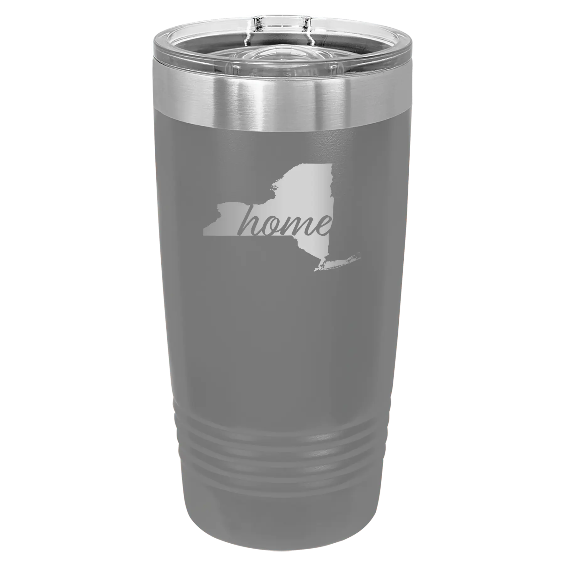 Laser etched dark gray 20 oz vacuum insulated tumbler with 'New York Home' design