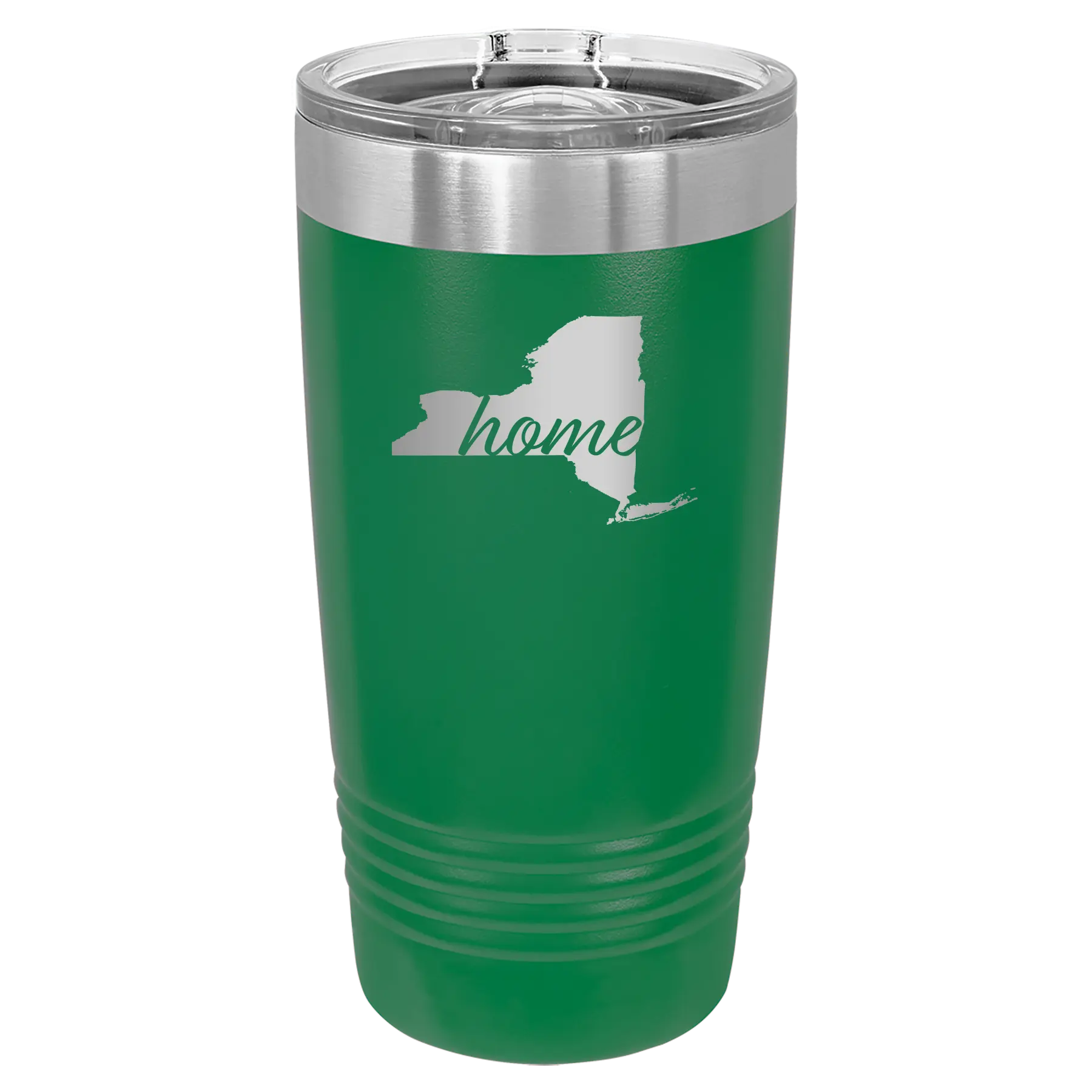 Laser etched green 20 oz vacuum insulated tumbler with 'New York Home' design