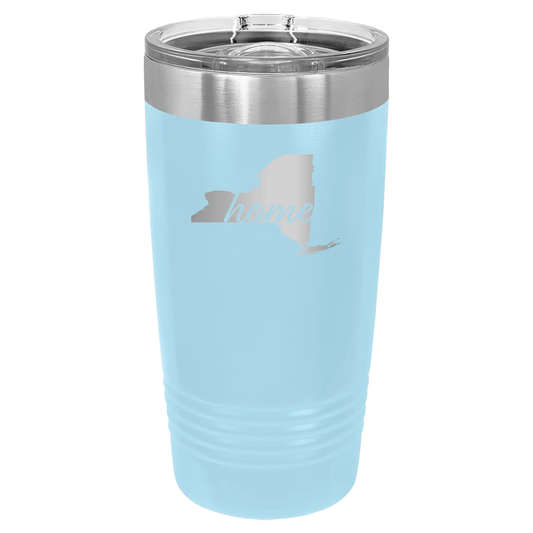 Laser etched light blue 20 oz vacuum insulated tumbler with 'New York Home' design