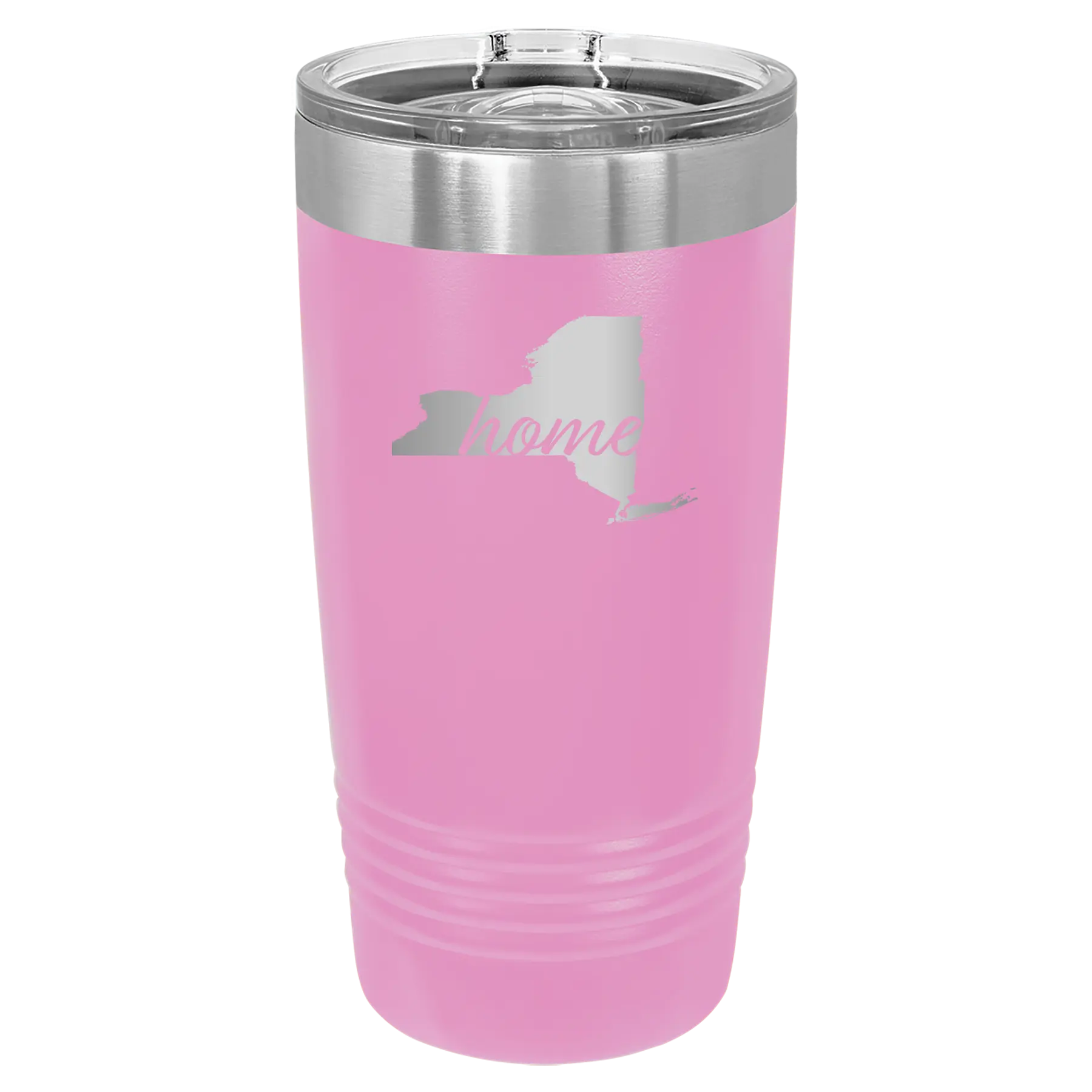 Laser etched light purple 20 oz vacuum insulated tumbler with 'New York Home' design