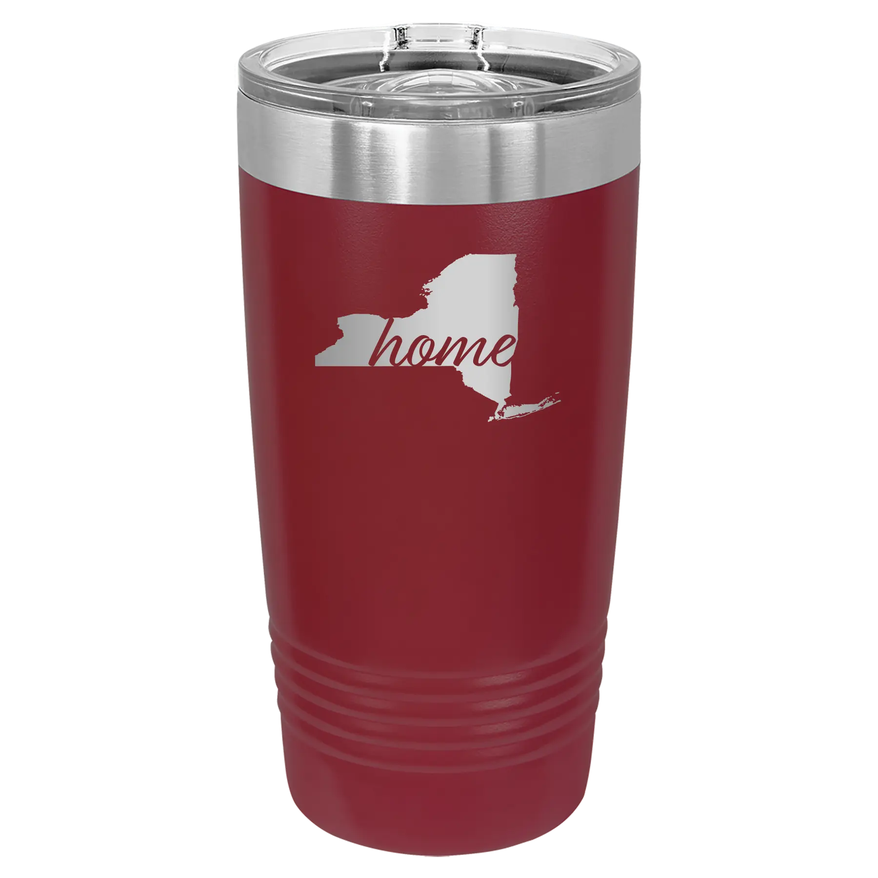 Laser etched maroon 20 oz vacuum insulated tumbler with 'New York Home' design