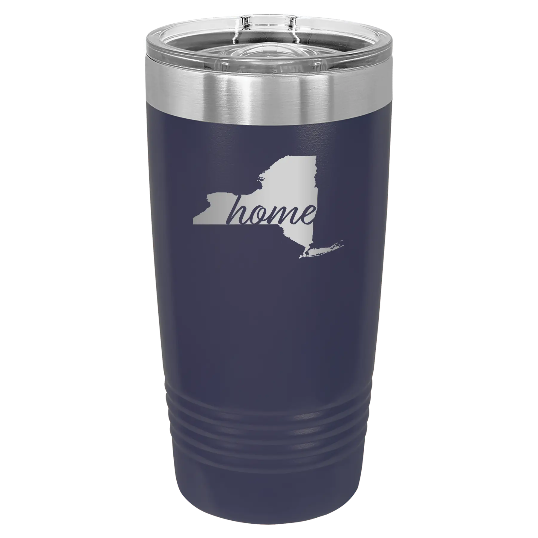 Laser etched navy 20 oz vacuum insulated tumbler with 'New York Home' design