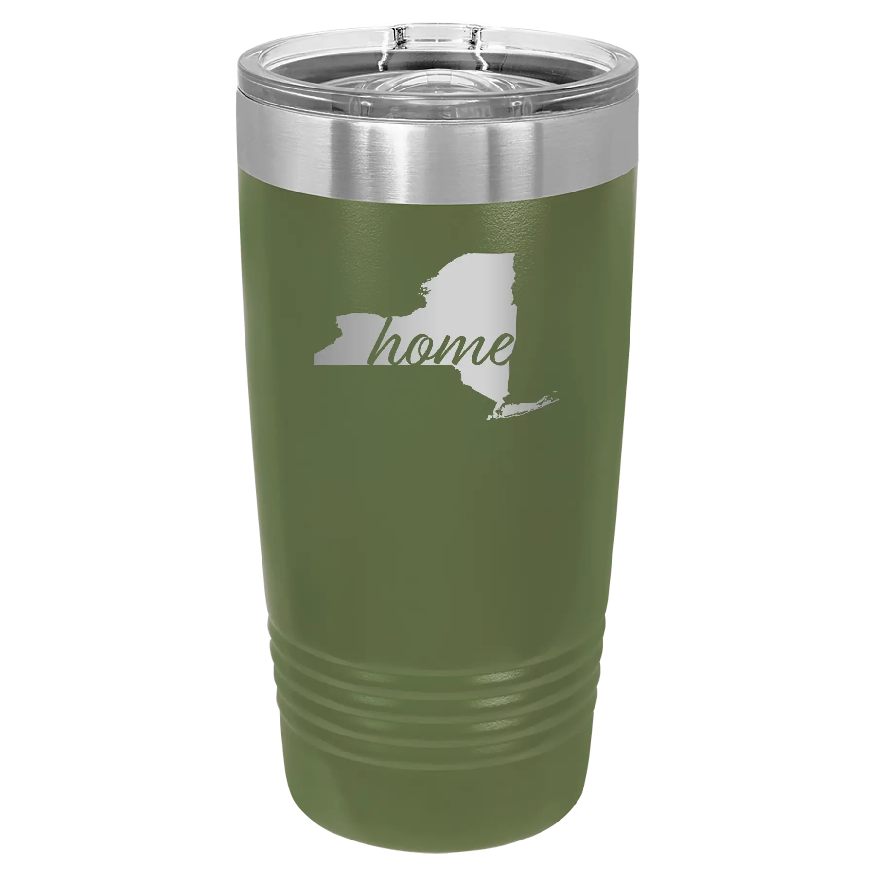 Laser etched olive green 20 oz vacuum insulated tumbler with 'New York Home' design