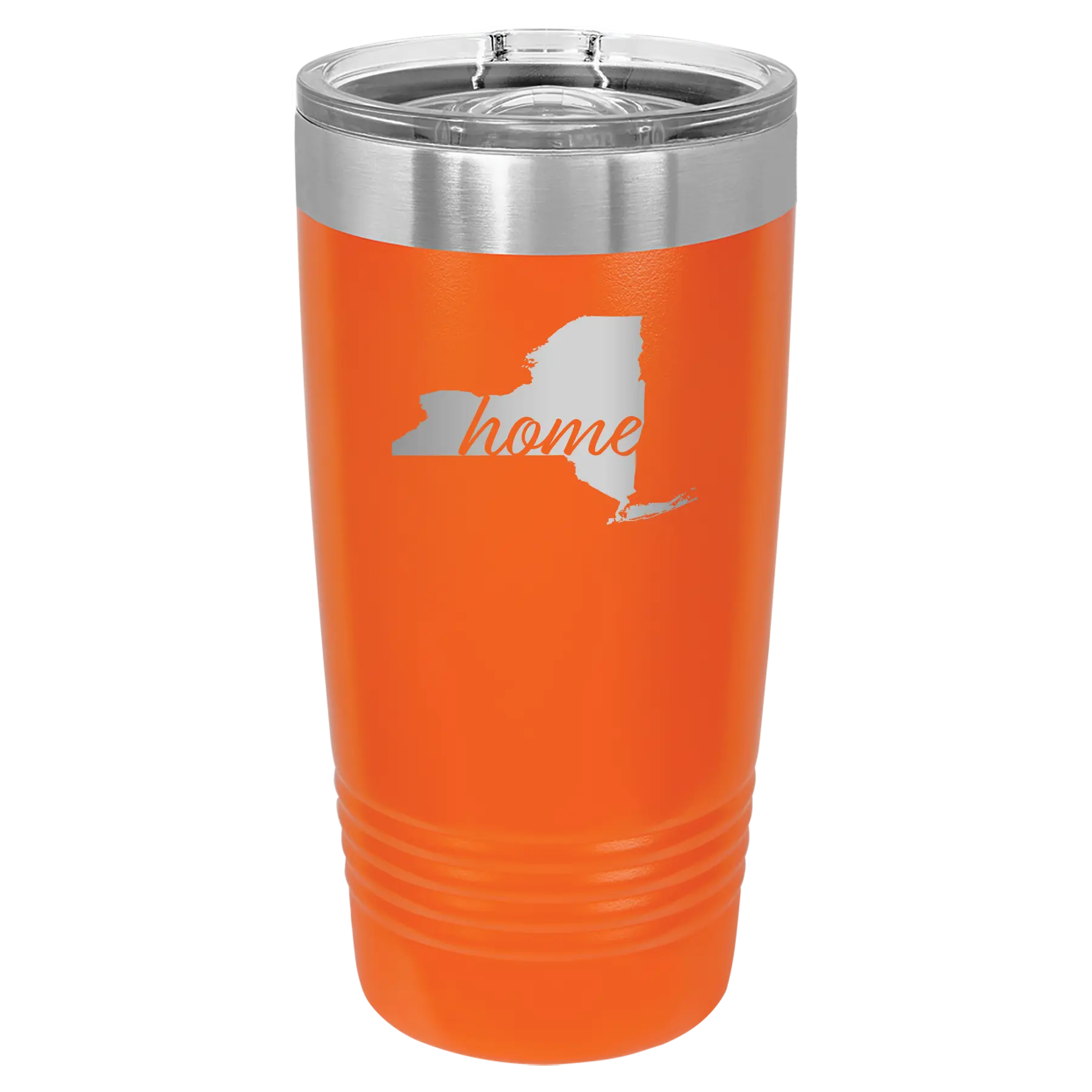 Laser etched orange 20 oz vacuum insulated tumbler with 'New York Home' design