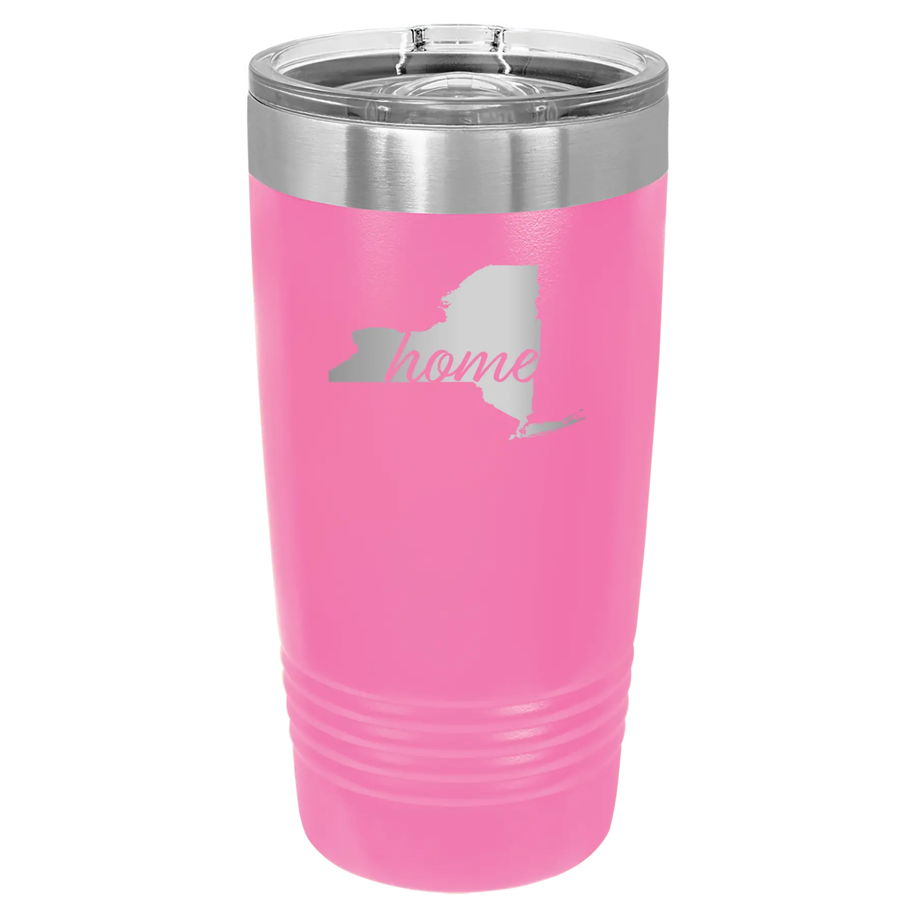 Laser etched pink 20 oz vacuum insulated tumbler with 'New York Home' design