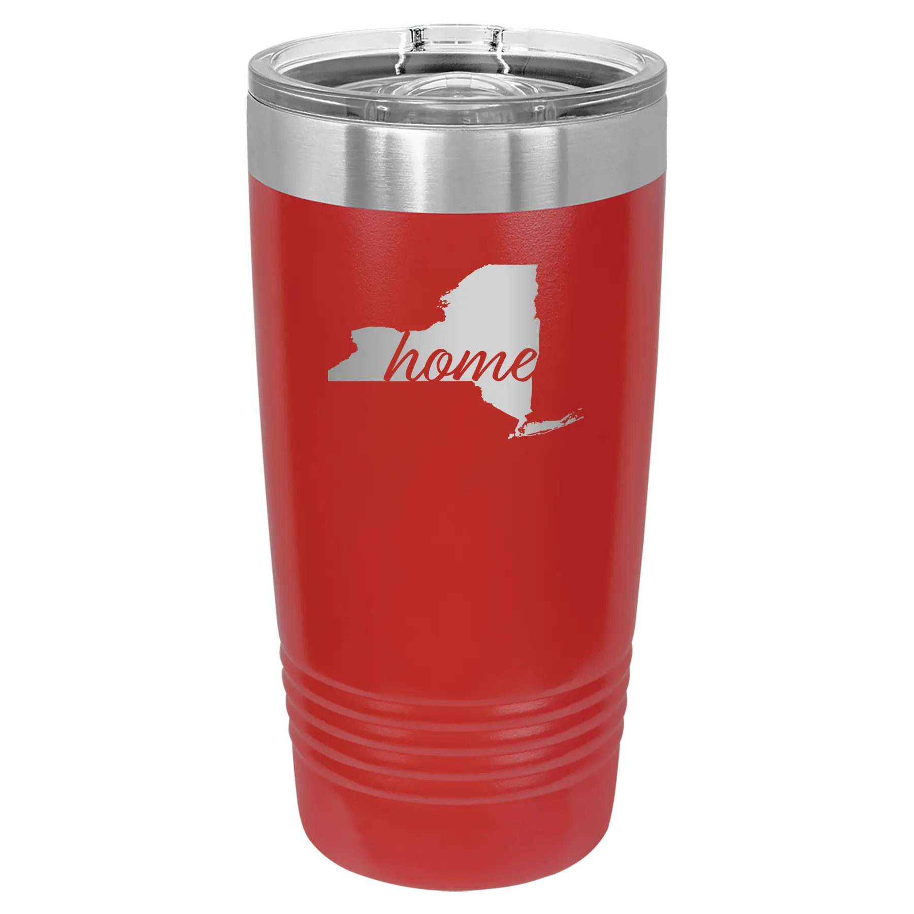 Laser etched red 20 oz vacuum insulated tumbler with 'New York Home' design