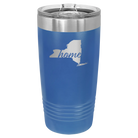 Laser etched royal blue 20 oz vacuum insulated tumbler with 'New York Home' design