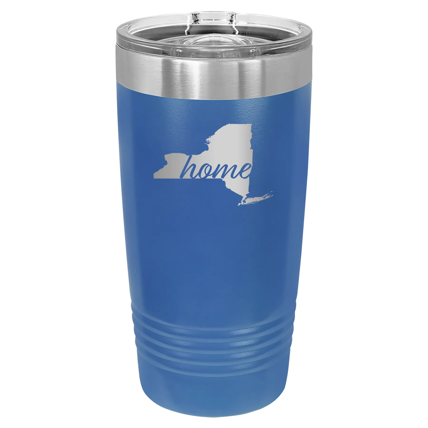 Laser etched royal blue 20 oz vacuum insulated tumbler with 'New York Home' design