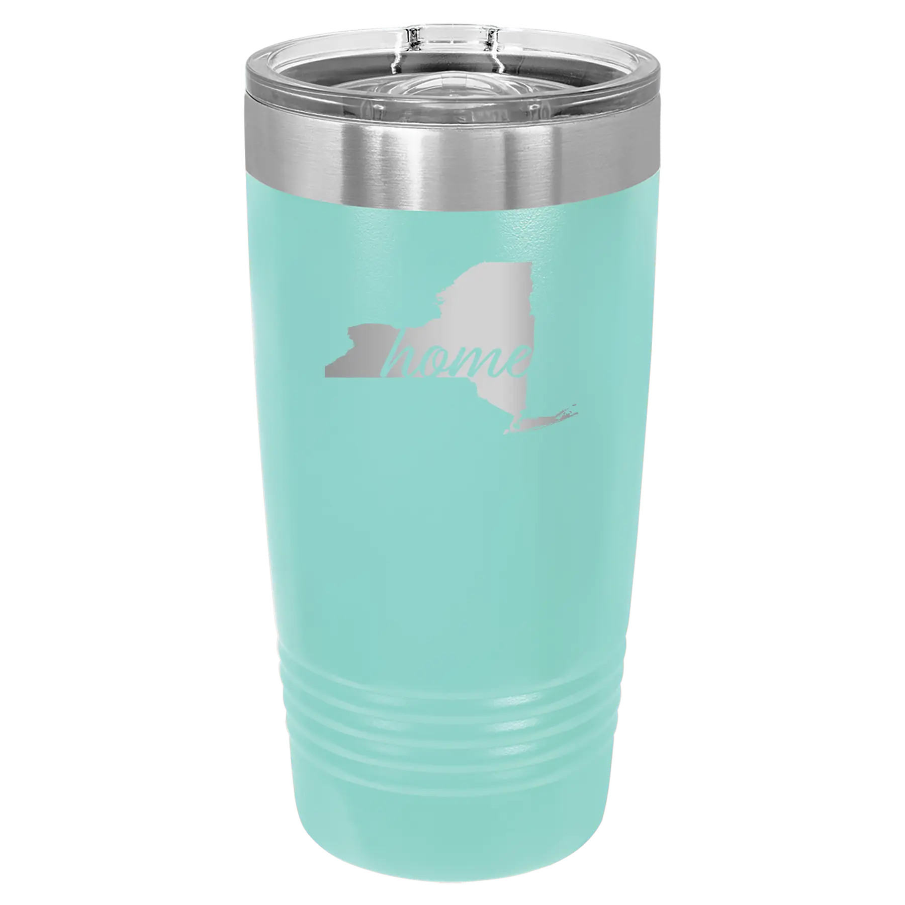 Laser etched teal 20 oz vacuum insulated tumbler with 'New York Home' design